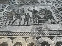 Mosaic Depicting Grain Measurers at Work