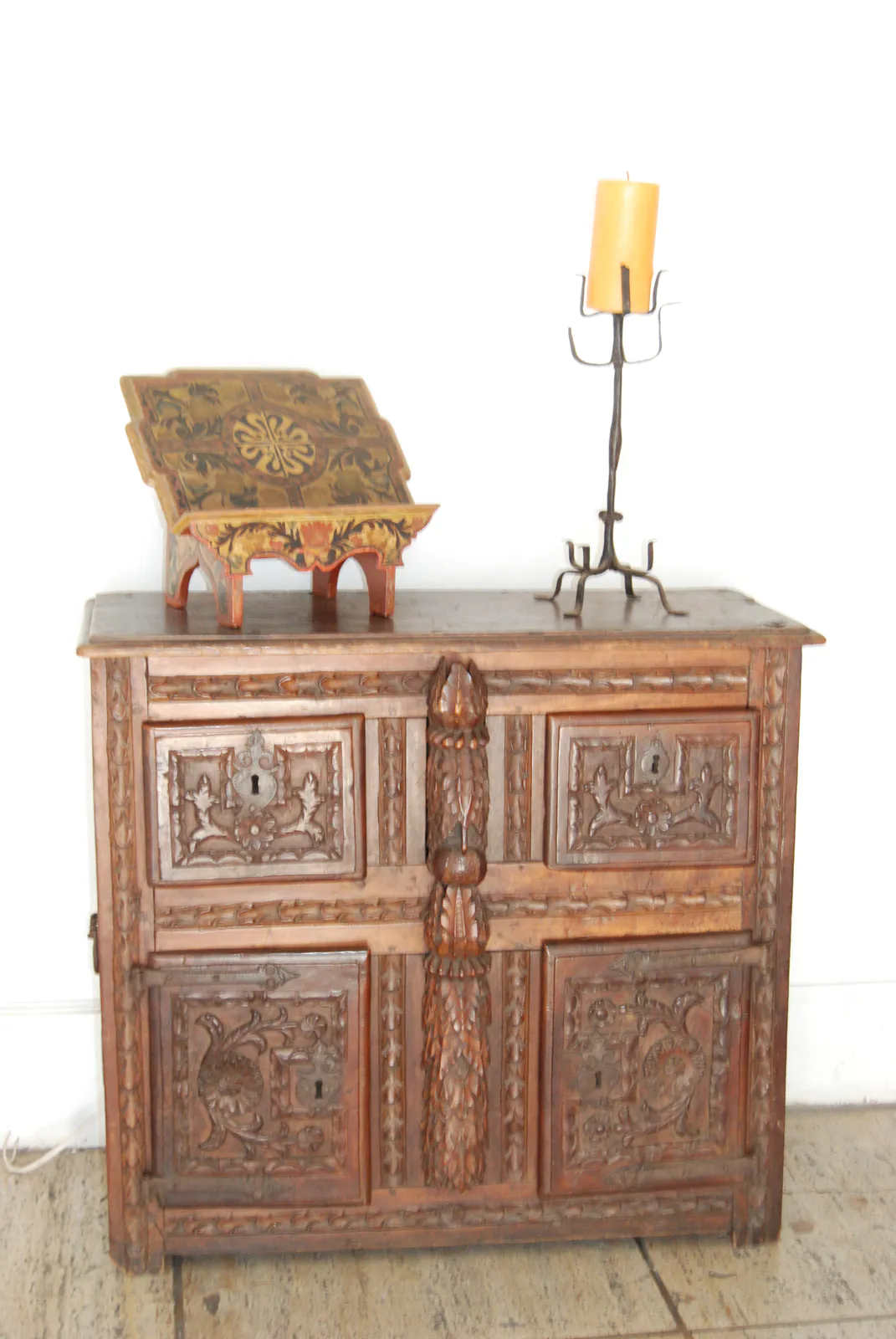 Carved Chest with Bookstand and Candelabra